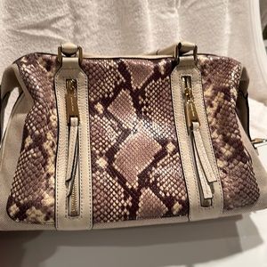 Michael Kors Julia Embossed Leather Large Satchel Ecru/Brown with shoulder strap